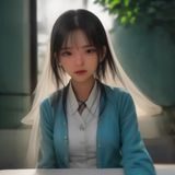 年轻女性内容运营编辑手持笔记本，站在薄荷绿背景墙前微笑